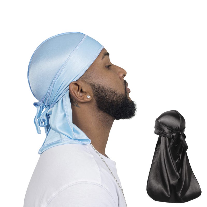 ForceWave 2 Pieces silky Durag Pack for Men Women Waves Premium Satin Deluxe Durag SkyBlue Black